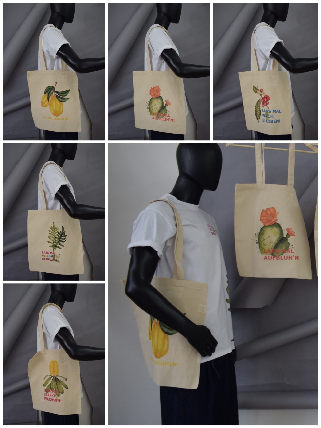Totebags. ready-to-wear Kollektion Stofftaschen mit bunten Fruchtmotiven, getragen von einem Schaufensterpuppen-Modell.