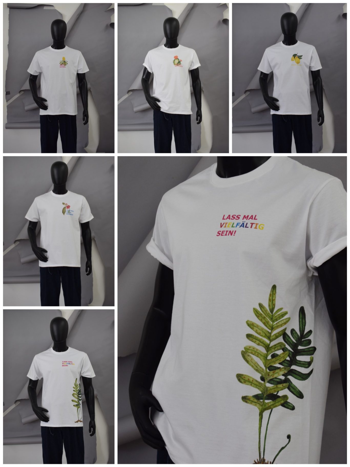 Shirts. ready-to-wear Kollektion Weißes T-Shirt mit bunten Aufdrucken und Pflanzenmotiv.